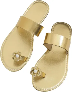 OYOANGLE Women's Metallic Floral Decor Toe Ring Slide Sandals Single Strap Slip on Flat Sandal