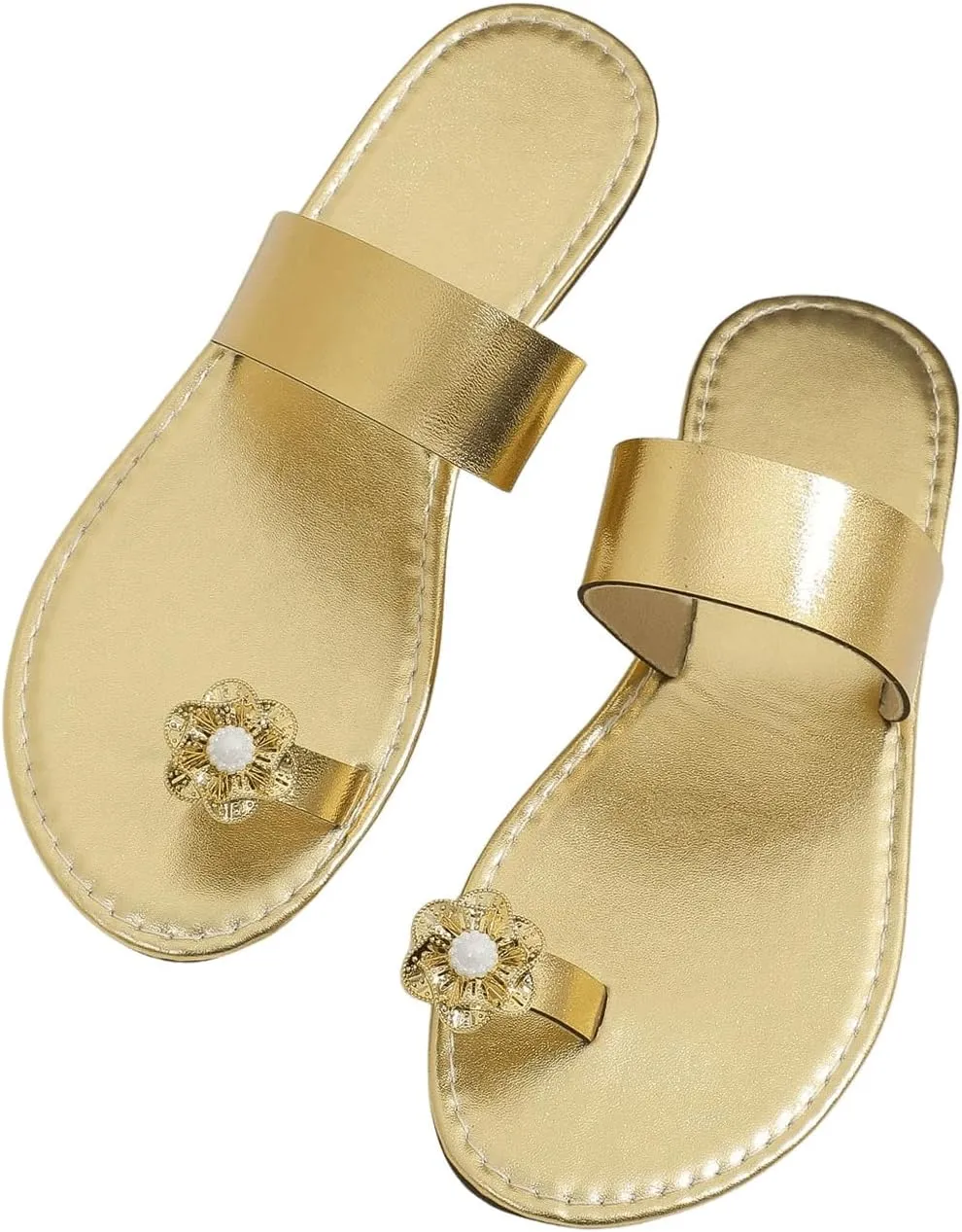 OYOANGLE Women's Metallic Floral Decor Toe Ring Slide Sandals Single Strap Slip on Flat Sandal
