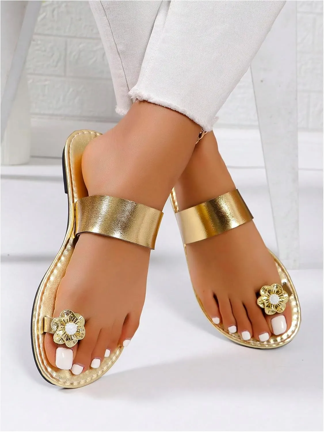 OYOANGLE Women's Metallic Floral Decor Toe Ring Slide Sandals Single Strap Slip on Flat Sandal