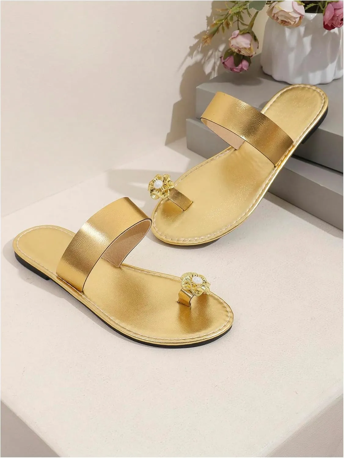 OYOANGLE Women's Metallic Floral Decor Toe Ring Slide Sandals Single Strap Slip on Flat Sandal