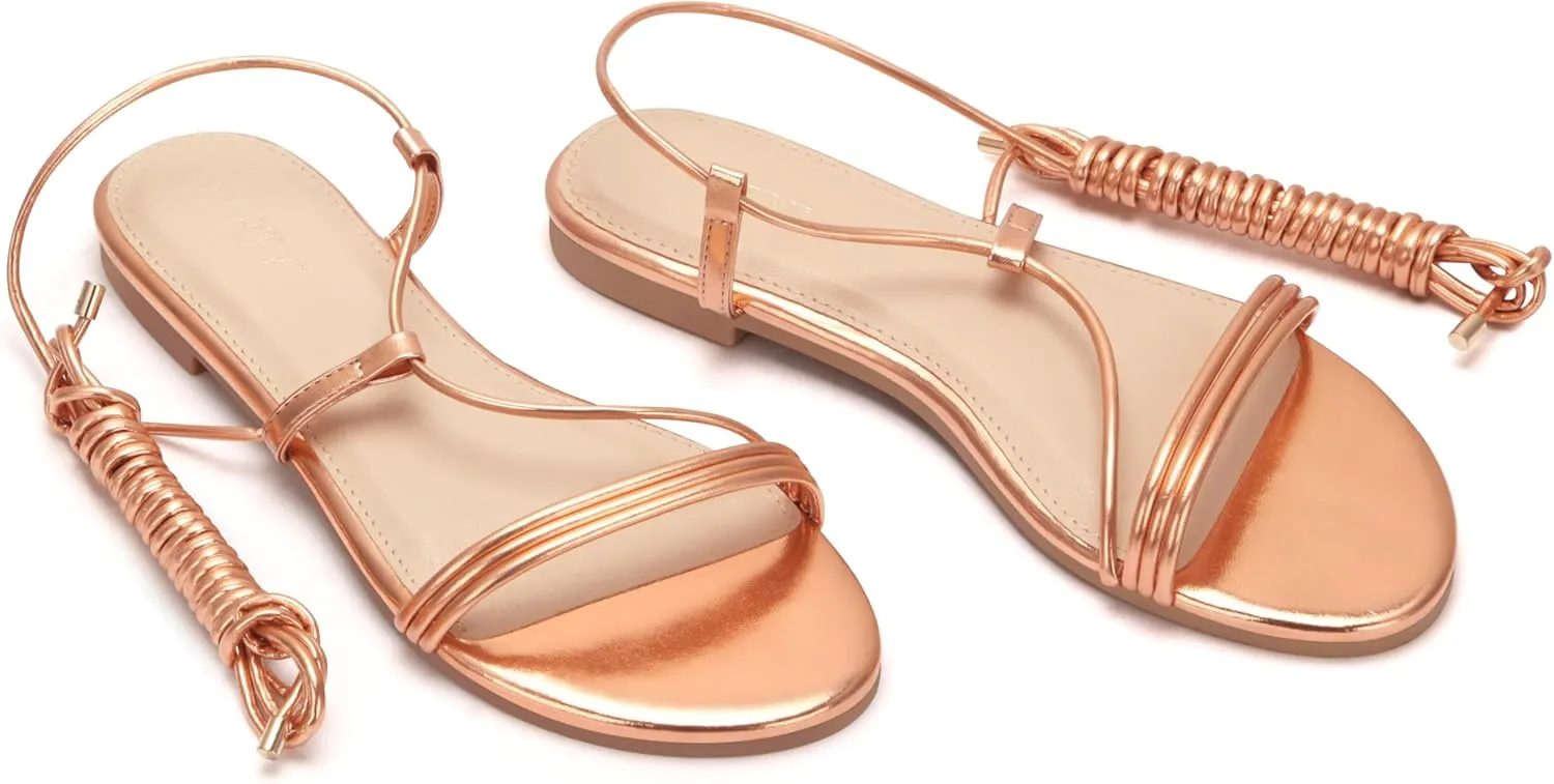 PARTY Women's Strappy Sandals Lace Up Flats Tie Up Open Toe Ankle Strap Shoes