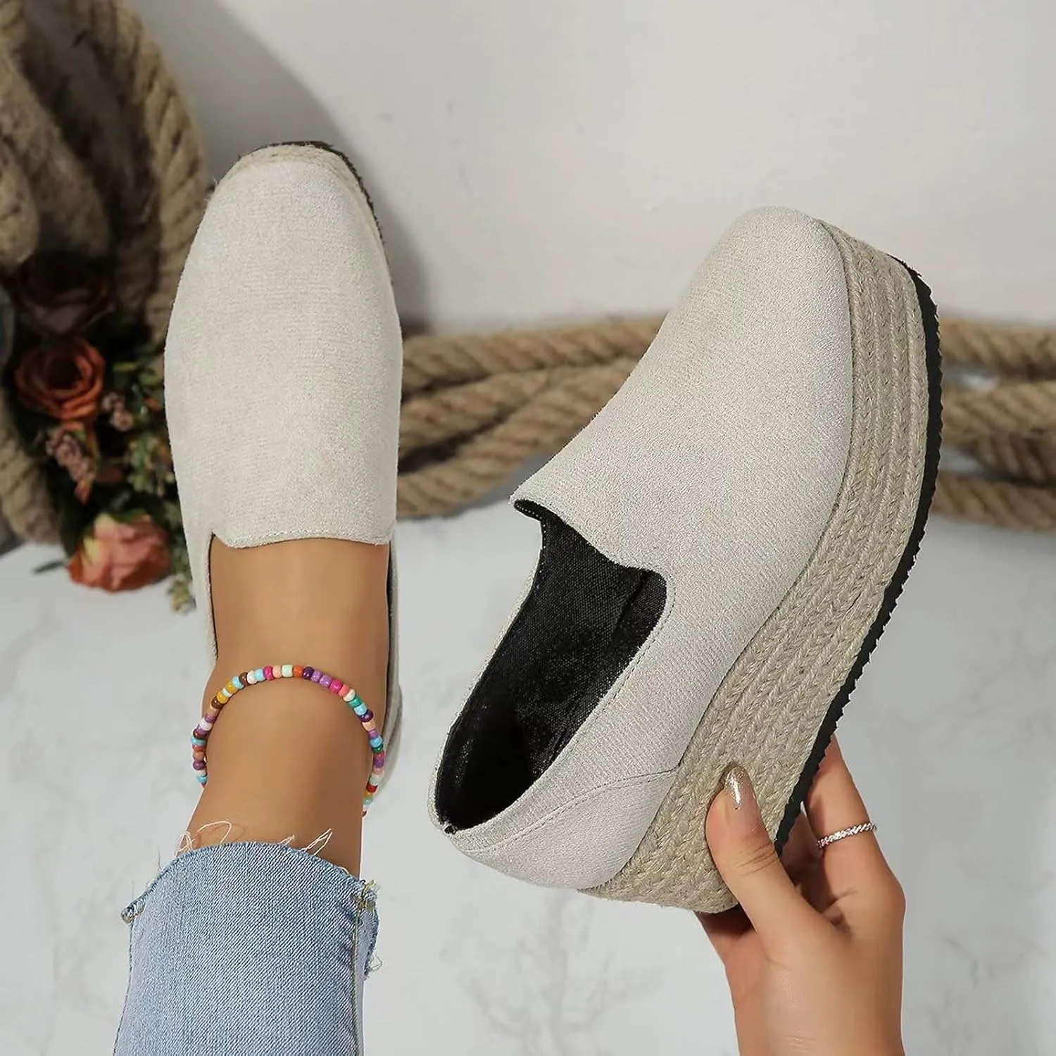 Platform Slip on Shoes for Women Fashion Linen Wide Low Top Shoe Casual Sneakers Workout Party Dressy Sneaker