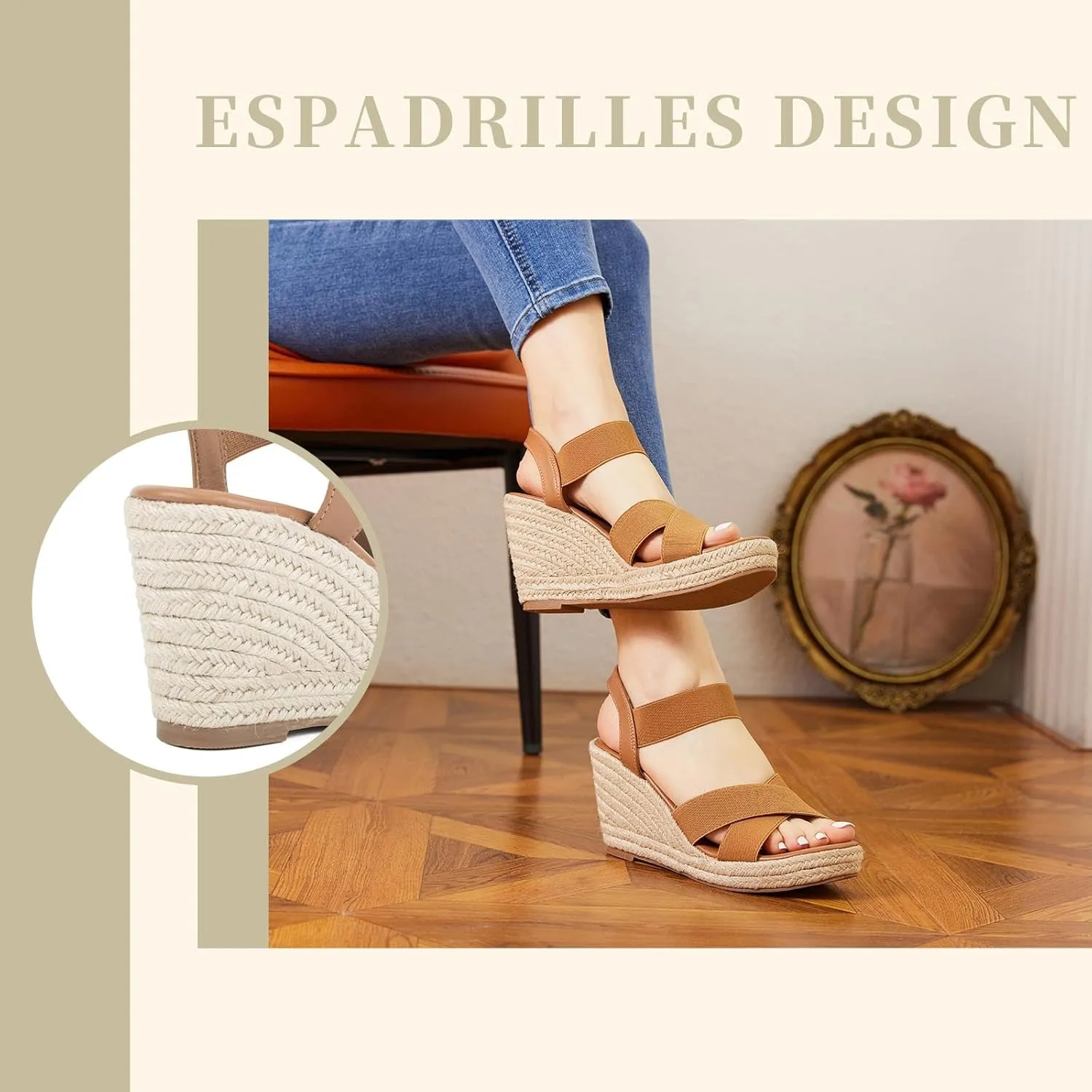 Putu Women's Espadrilles Wedge Sandals Elastic Ankle Strap Platform Sandals Open Toe Wedge Sandals