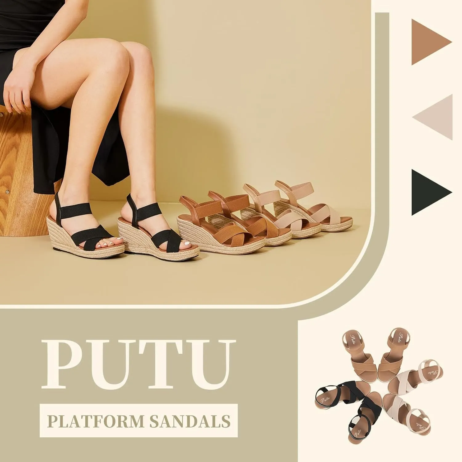 Putu Women's Espadrilles Wedge Sandals Elastic Ankle Strap Platform Sandals Open Toe Wedge Sandals