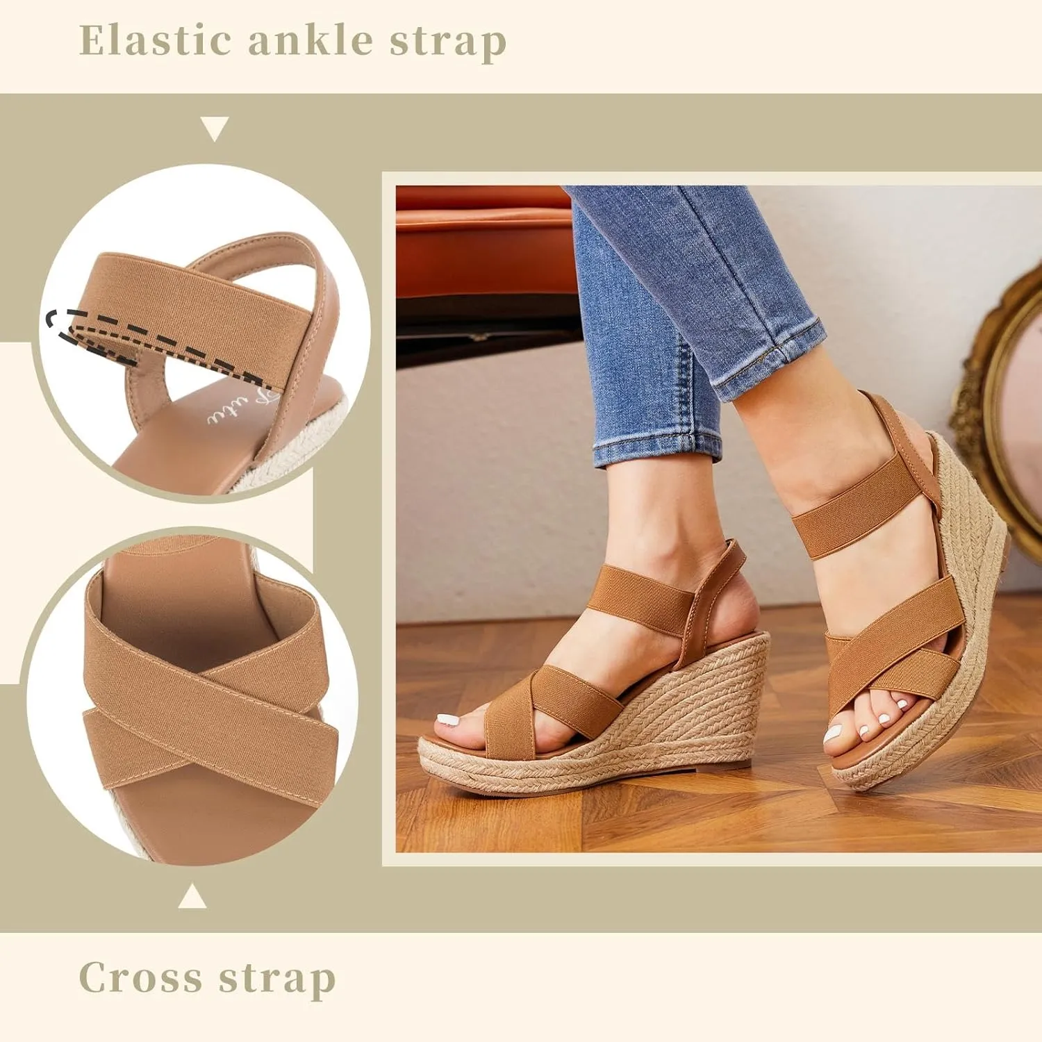 Putu Women's Espadrilles Wedge Sandals Elastic Ankle Strap Platform Sandals Open Toe Wedge Sandals