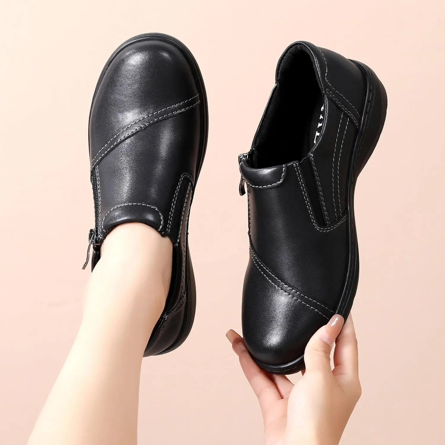 QAE Loafers for Women Comfort Women's Penny Loafers with Zipper Orthopedic Lightweight Slip-On Flats Casual Work Dressy Walking Business Shoes