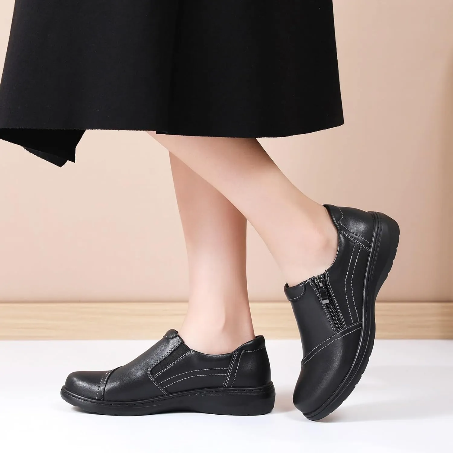 QAE Loafers for Women Comfort Women's Penny Loafers with Zipper Orthopedic Lightweight Slip-On Flats Casual Work Dressy Walking Business Shoes