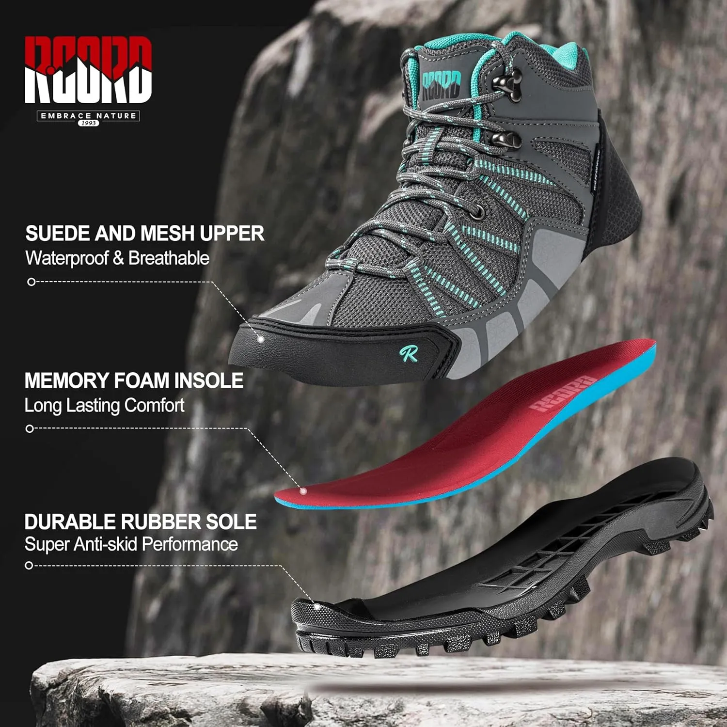 R CORD Womens Hiking Boots Waterproof Hiking Boots Womens Non-Slip Lightweight Outdoor Hiking Shoes Trekking Camping Trail Outdoor