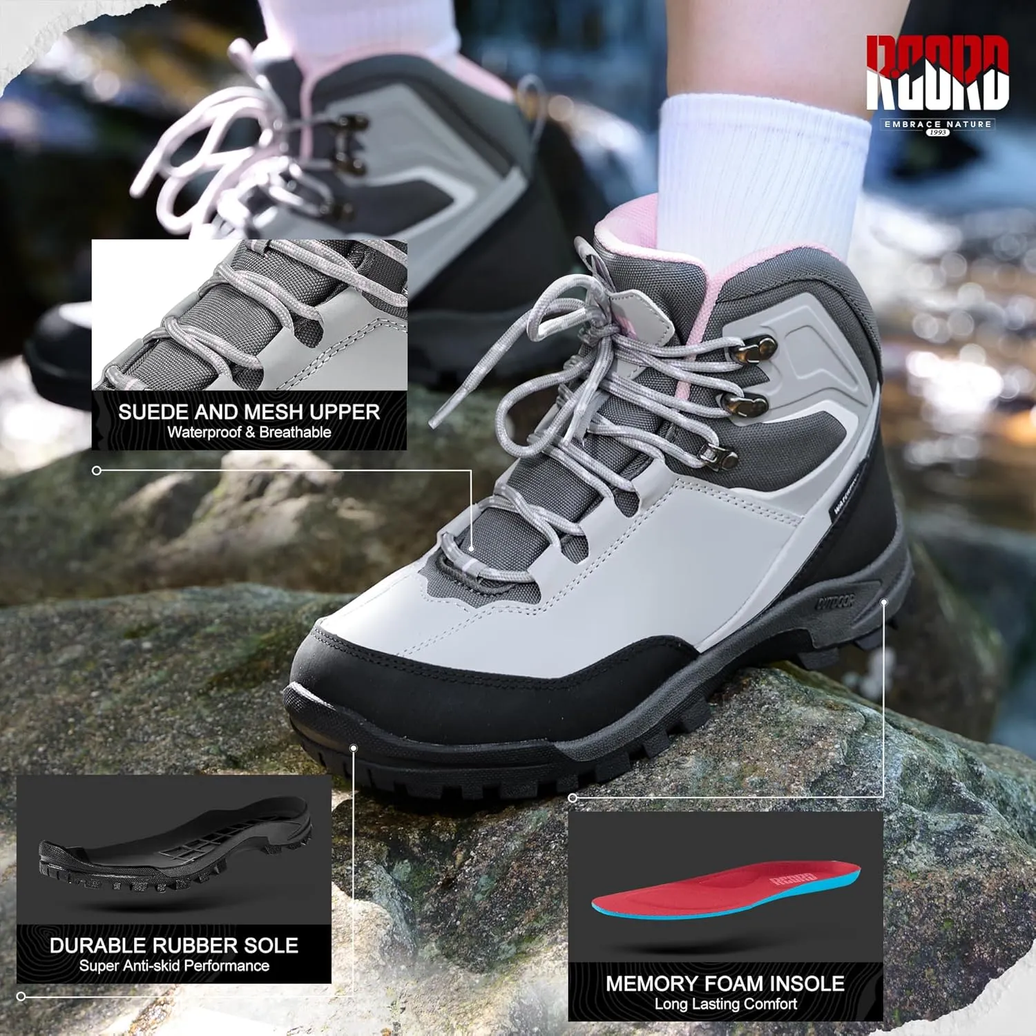 R CORD Womens Hiking Boots Waterproof Mid-Cut Hiking Boots Women Non-Slip Womens Hiking Shoes Outdoor Hiking Shoes for Women Trekking Camping Trail