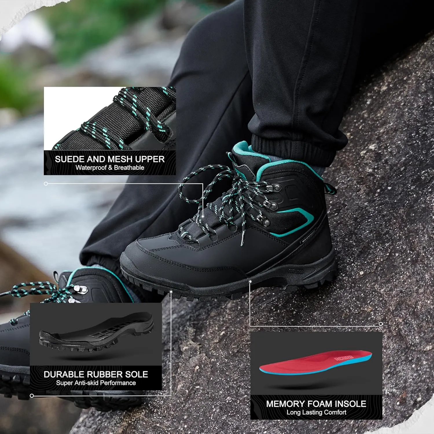 R CORD Womens Hiking Boots Waterproof Mid-Cut Hiking Boots Women Non-Slip Womens Hiking Shoes Outdoor Hiking Shoes for Women Trekking Camping Trail