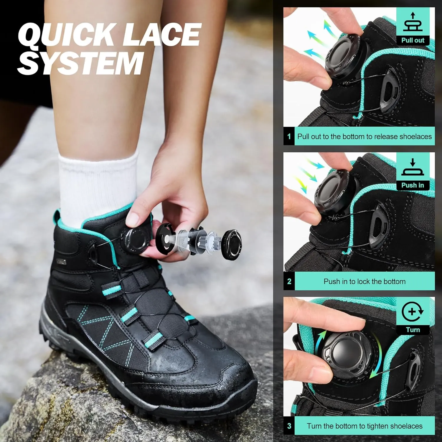 R CORD Women's Waterproof Non-Slip Hiking Boots With Quick Turn-Lock - Comfortable Outdoor Walking Boots