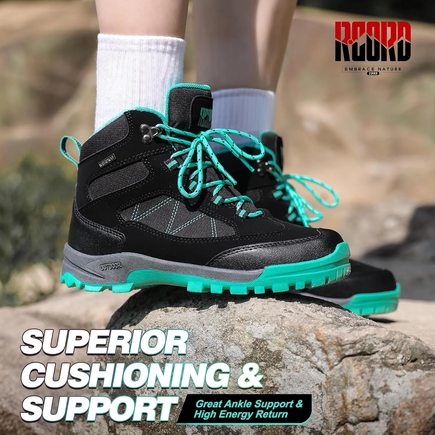 RCORD Women's Comfortable Non-Slip Waterproof Hiking Boots for All-Day Work, Backpacking, Walking & Outdoor Activities