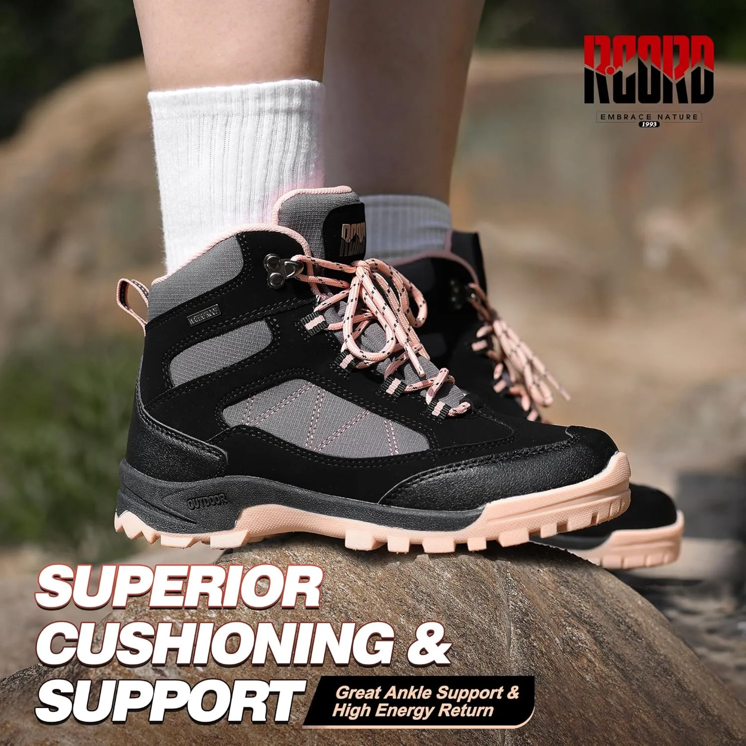 RCORD Women's Comfortable Non-Slip Waterproof Hiking Boots for All-Day Work, Backpacking, Walking & Outdoor Activities