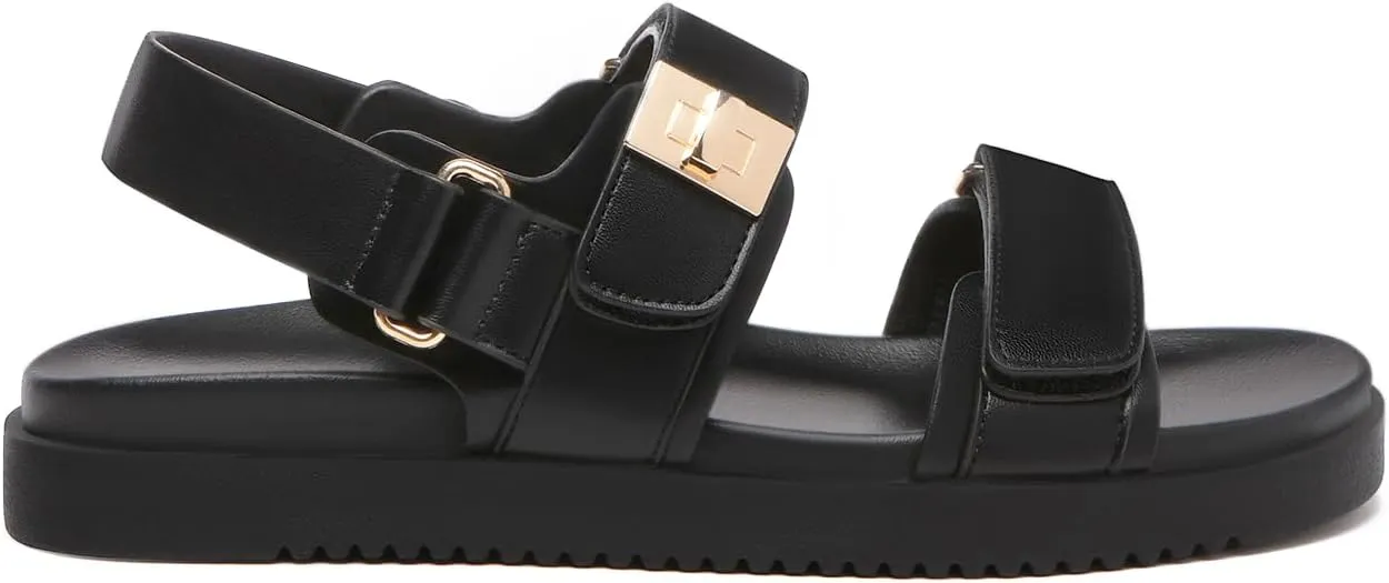 Rihero Women's Flat Sandals Comfort Adjustable Double Strap Slip on Leather Footbed Sandals