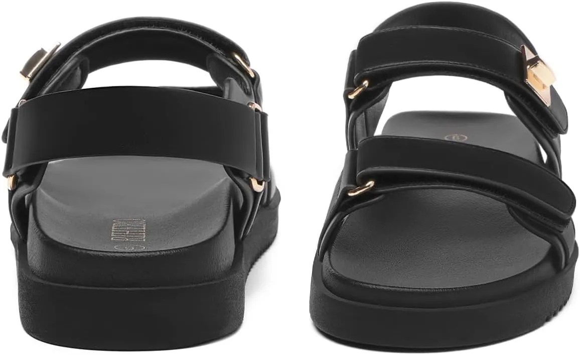 Rihero Women's Flat Sandals Comfort Adjustable Double Strap Slip on Leather Footbed Sandals