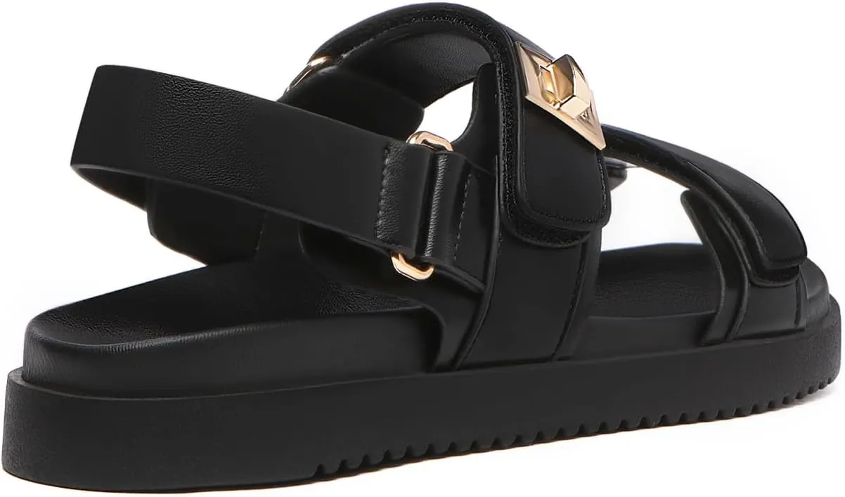 Rihero Women's Flat Sandals Comfort Adjustable Double Strap Slip on Leather Footbed Sandals
