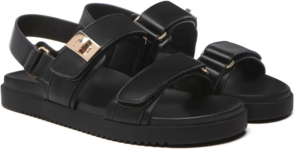 Rihero Women's Flat Sandals Comfort Adjustable Double Strap Slip on Leather Footbed Sandals