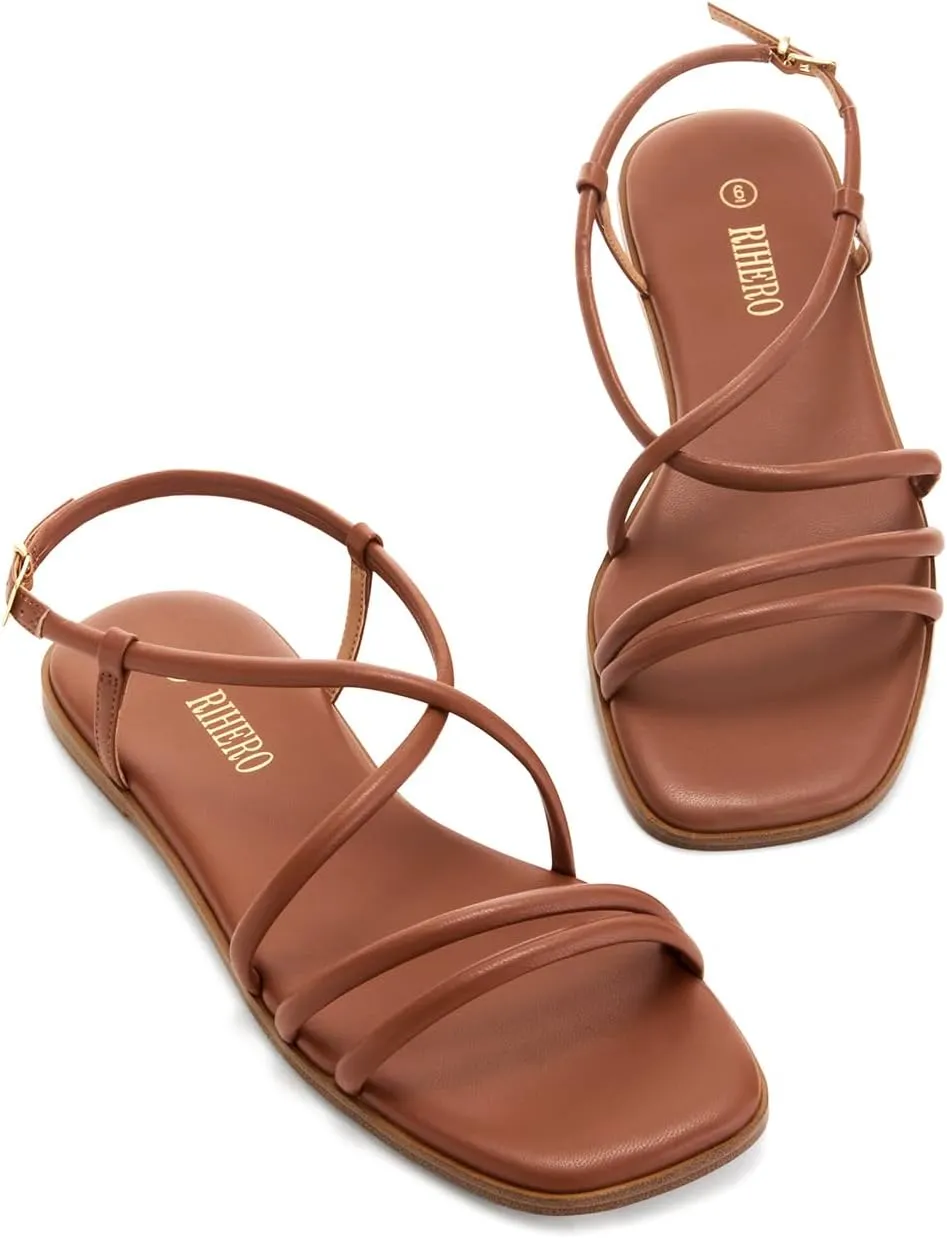 Rihero Women's Strappy Flat Sandals Summer Lace Up Open Toe Comfortable Slip-On Ankle Strap Sandals
