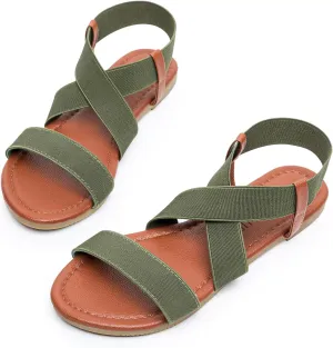 SANDALUP Elastic Ankle Strap Flat Sandals for Women