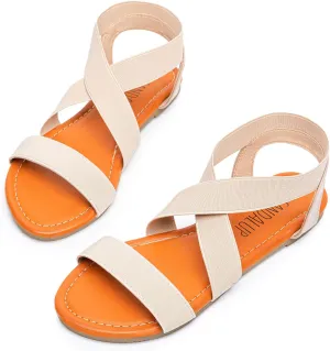 SANDALUP Elastic Ankle Strap Flat Sandals for Women