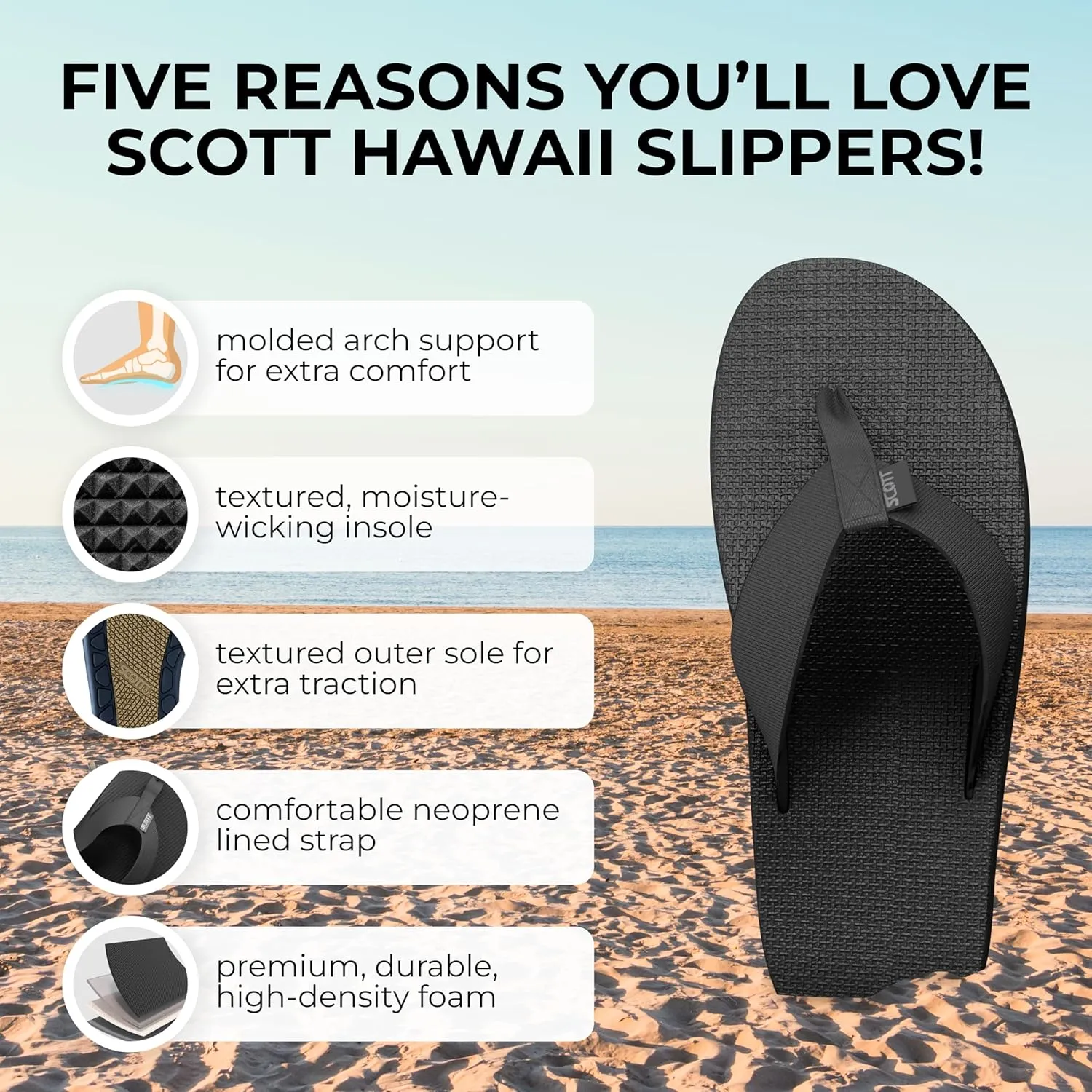 Scott Hawaii Men's Manoa Sandal | All Terrain Tread Outsole | Molded Arch With Heel Cup | Neoprene Lined Strap For All Day Comfort | Hiking Flip Flop