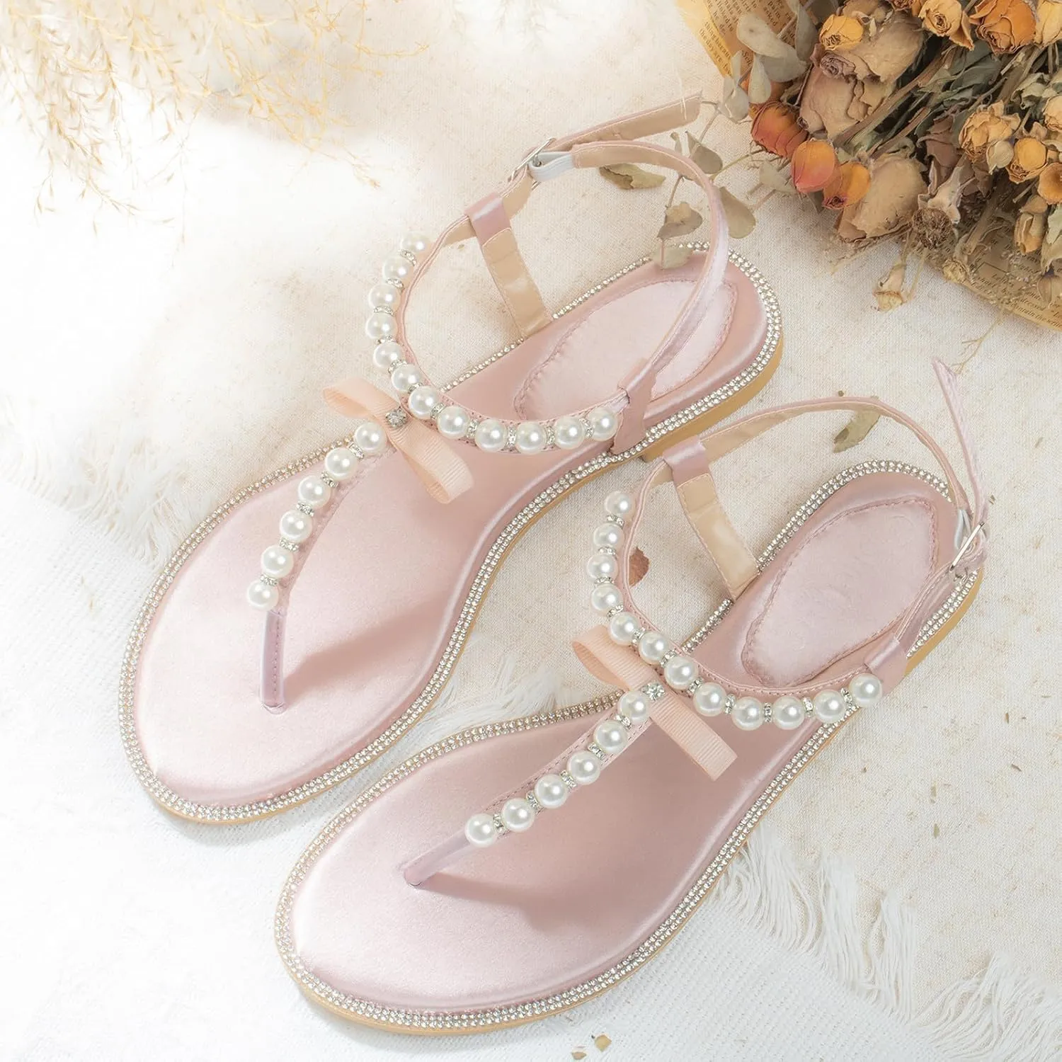 SheSole Women's Pearl T-Strap Bridal White Flat Sandals Beach Wedding Shoes