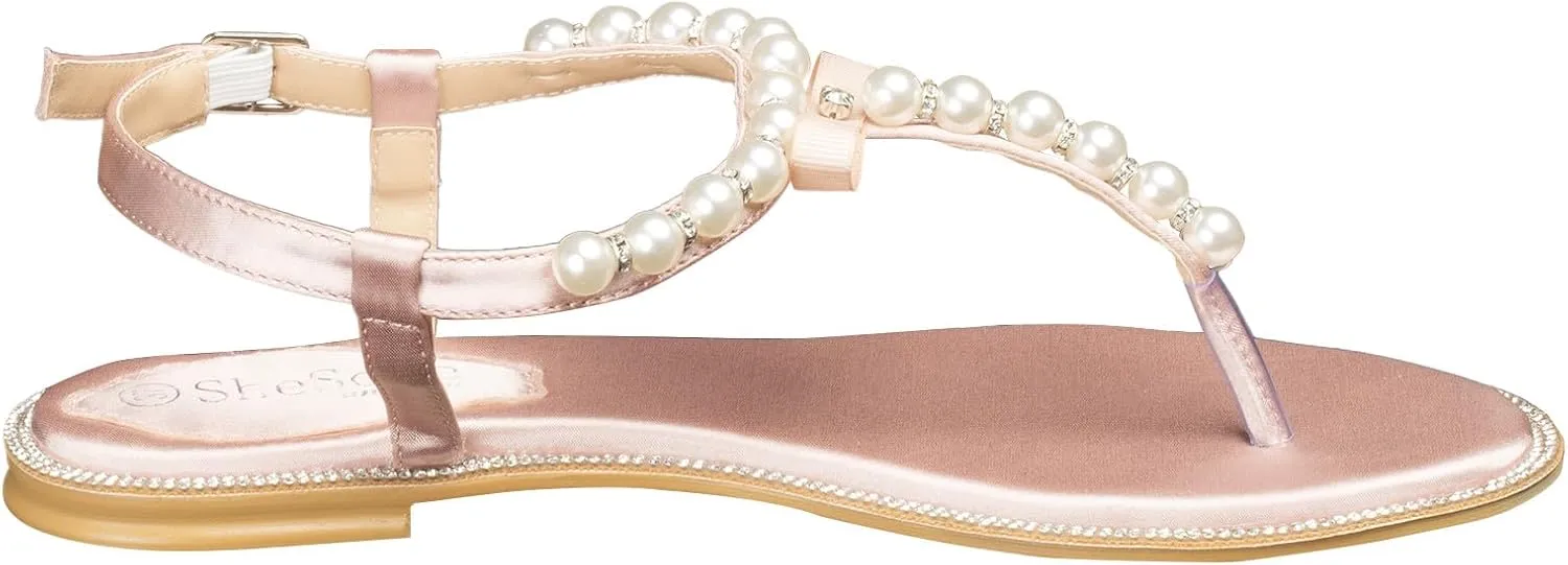 SheSole Women's Pearl T-Strap Bridal White Flat Sandals Beach Wedding Shoes
