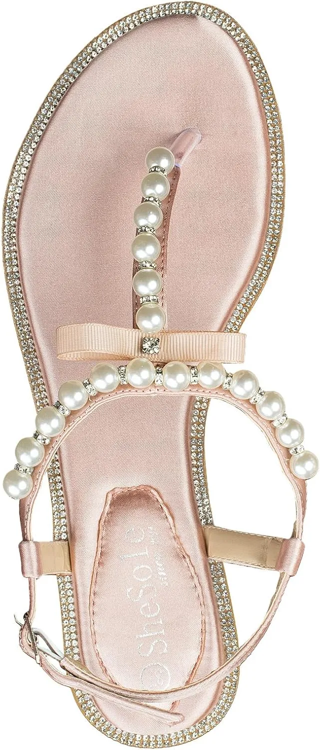 SheSole Women's Pearl T-Strap Bridal White Flat Sandals Beach Wedding Shoes