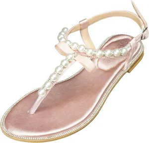 SheSole Women's Pearl T-Strap Bridal White Flat Sandals Beach Wedding Shoes