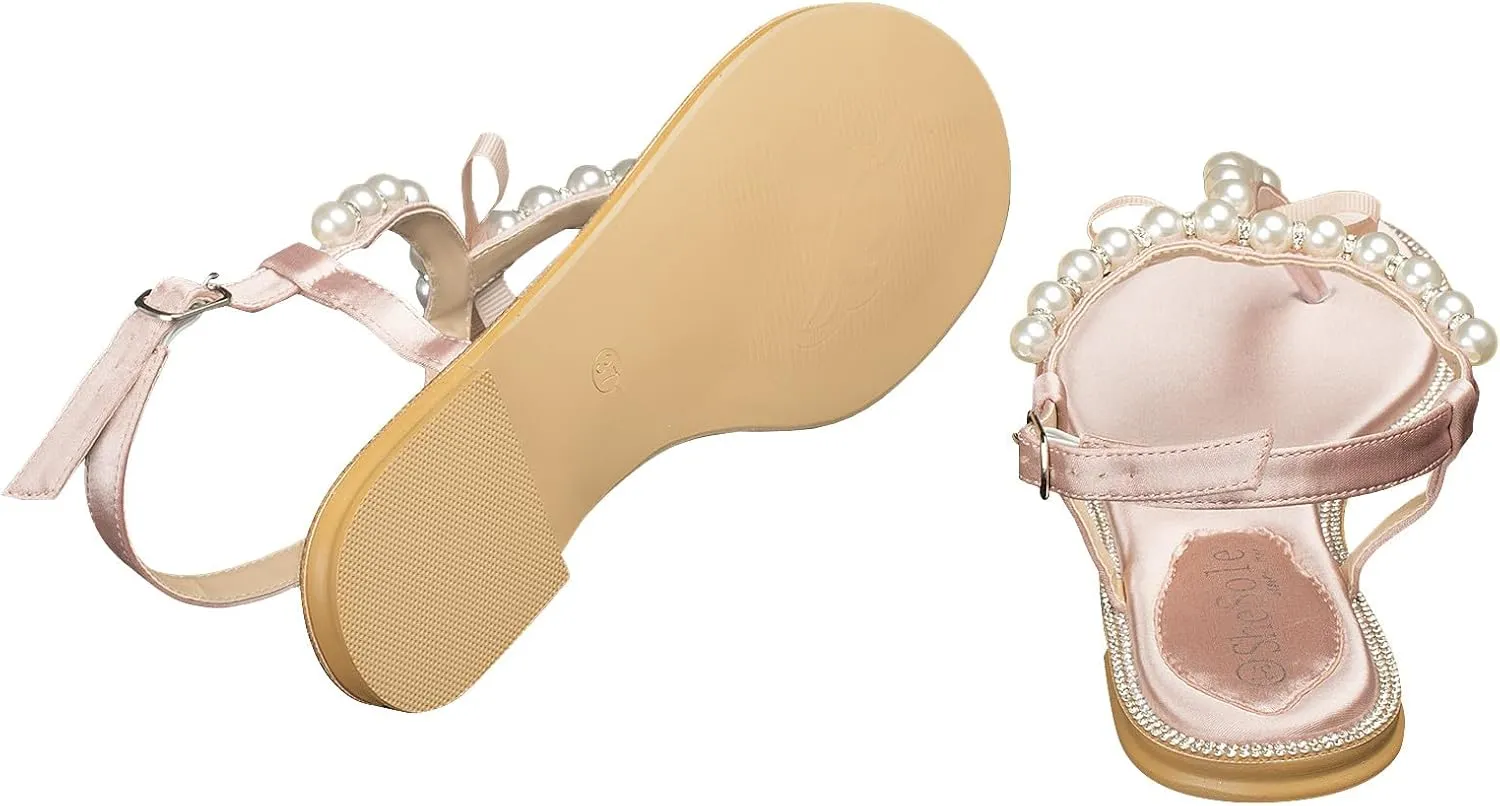 SheSole Women's Pearl T-Strap Bridal White Flat Sandals Beach Wedding Shoes