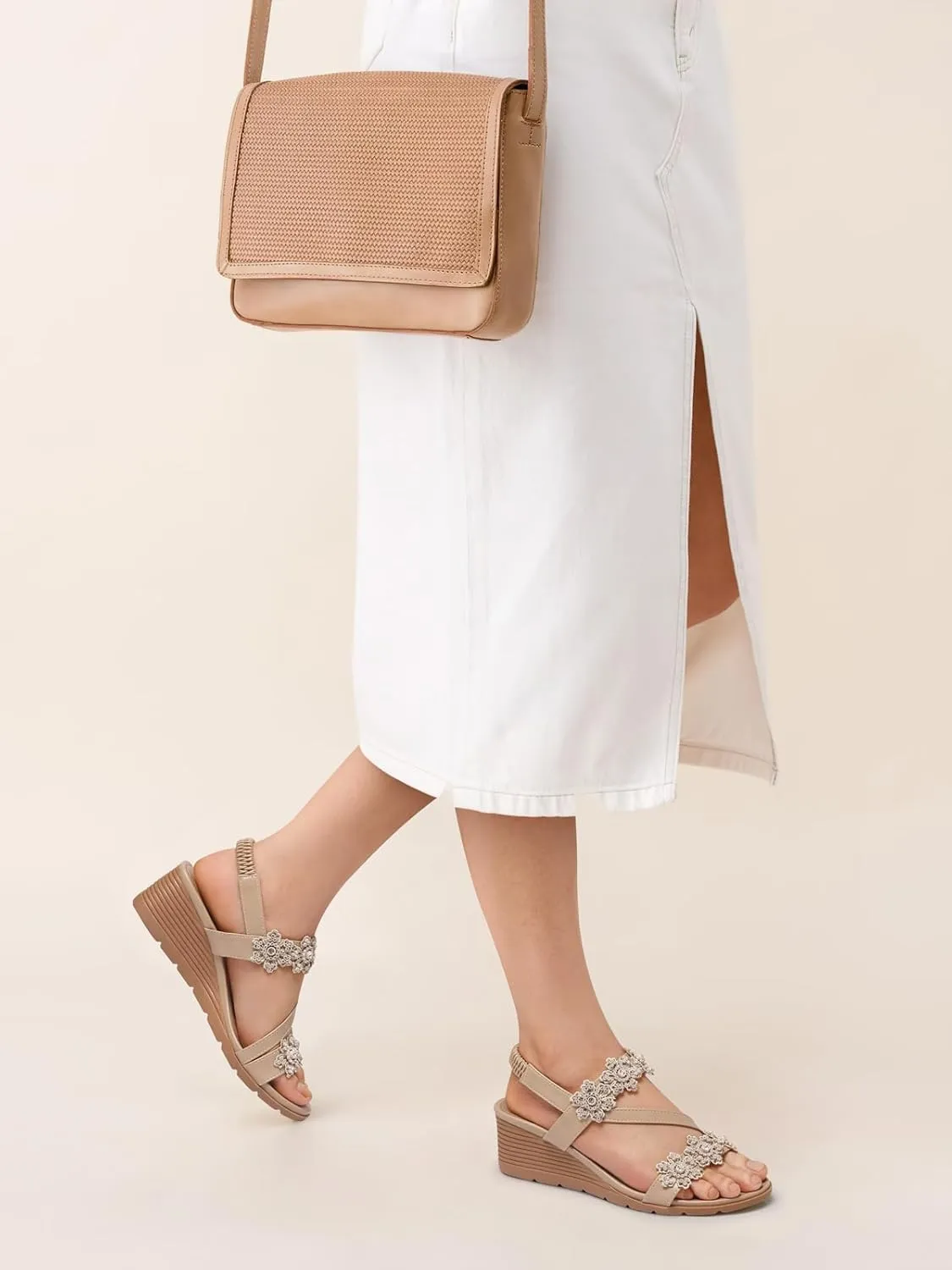 SHIBEVER Wedge Sandals for Women Dressy: Summer Open Toe Low Platform Wedges Sandals Elastic Ankle Strap Flower Comfortable Casual Shoes