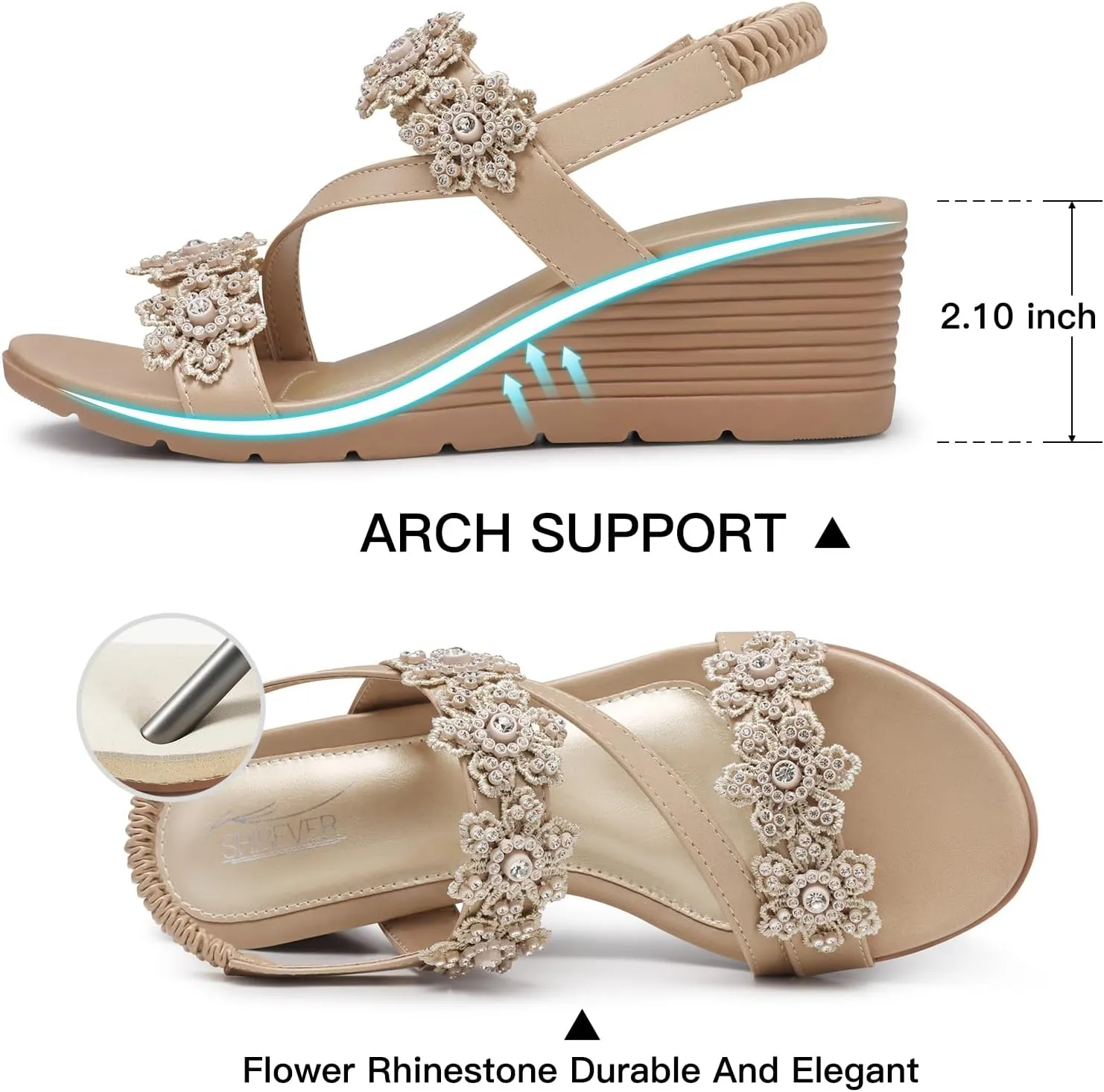 SHIBEVER Wedge Sandals for Women Dressy: Summer Open Toe Low Platform Wedges Sandals Elastic Ankle Strap Flower Comfortable Casual Shoes