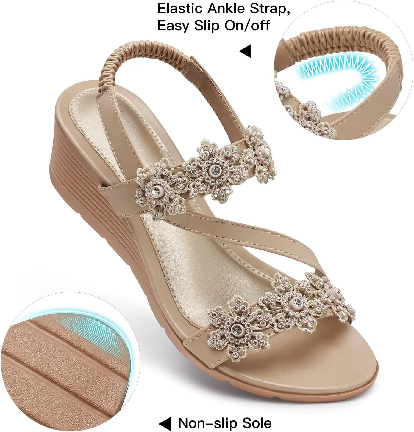 SHIBEVER Wedge Sandals for Women Dressy: Summer Open Toe Low Platform Wedges Sandals Elastic Ankle Strap Flower Comfortable Casual Shoes