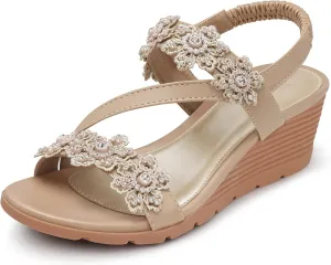 SHIBEVER Wedge Sandals for Women Dressy: Summer Open Toe Low Platform Wedges Sandals Elastic Ankle Strap Flower Comfortable Casual Shoes