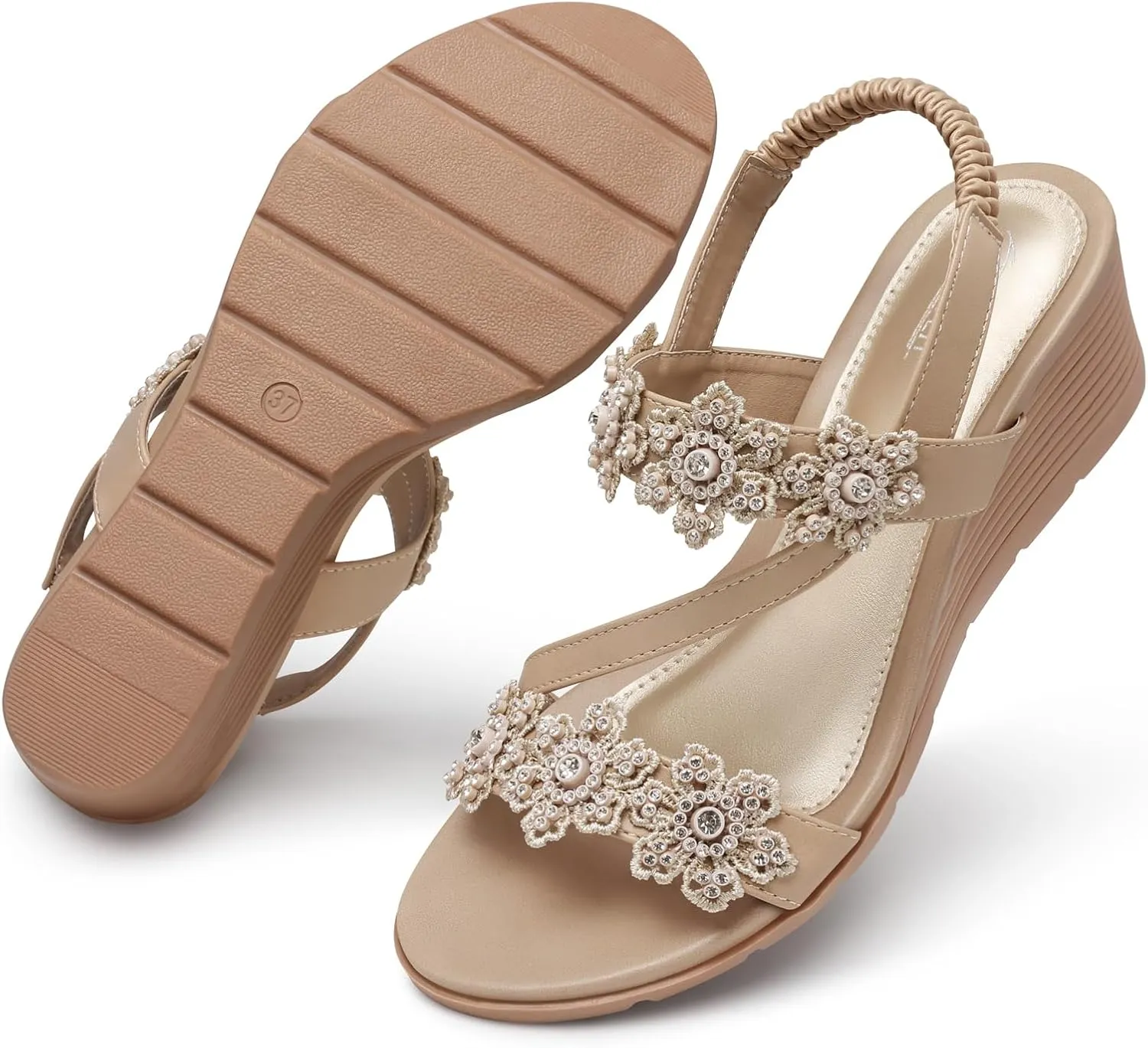 SHIBEVER Wedge Sandals for Women Dressy: Summer Open Toe Low Platform Wedges Sandals Elastic Ankle Strap Flower Comfortable Casual Shoes