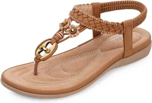 SHIBEVER Womens Sandals Summer Bohemian Flat Sandals Shoes with Elastic Strap Dressy Sandal