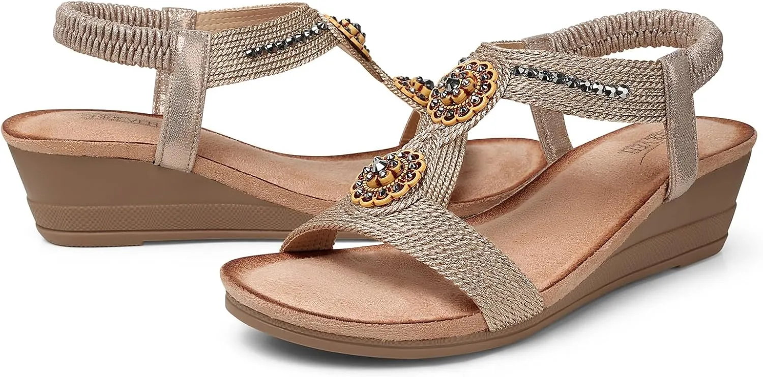 SHIBEVER Womens Wedge Sandals Flower Low Heel Dressy Sandals Elastic Ankle Strap Rhinestone Summer Comfortable Shoe