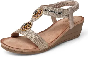 SHIBEVER Womens Wedge Sandals Flower Low Heel Dressy Sandals Elastic Ankle Strap Rhinestone Summer Comfortable Shoe