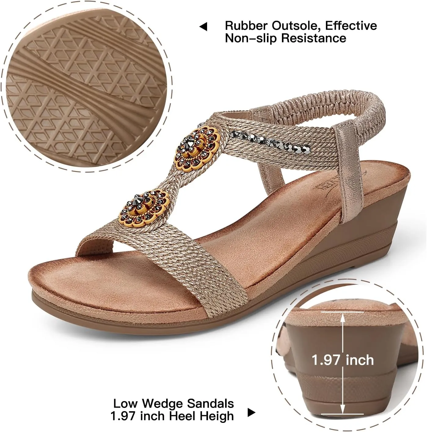 SHIBEVER Womens Wedge Sandals Flower Low Heel Dressy Sandals Elastic Ankle Strap Rhinestone Summer Comfortable Shoe