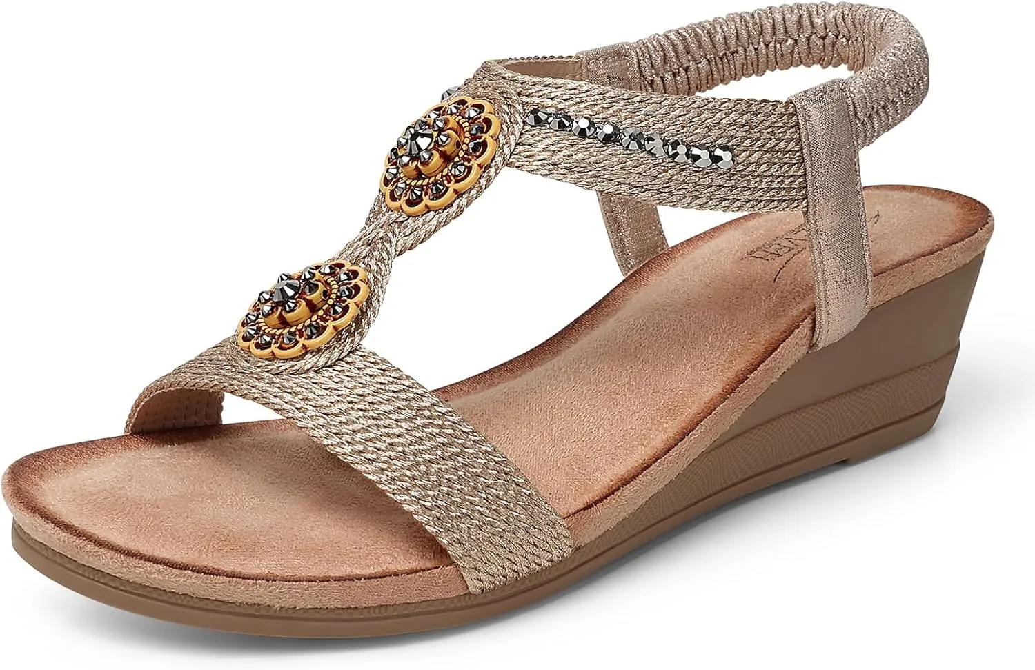 SHIBEVER Womens Wedge Sandals Flower Low Heel Dressy Sandals Elastic Ankle Strap Rhinestone Summer Comfortable Shoe