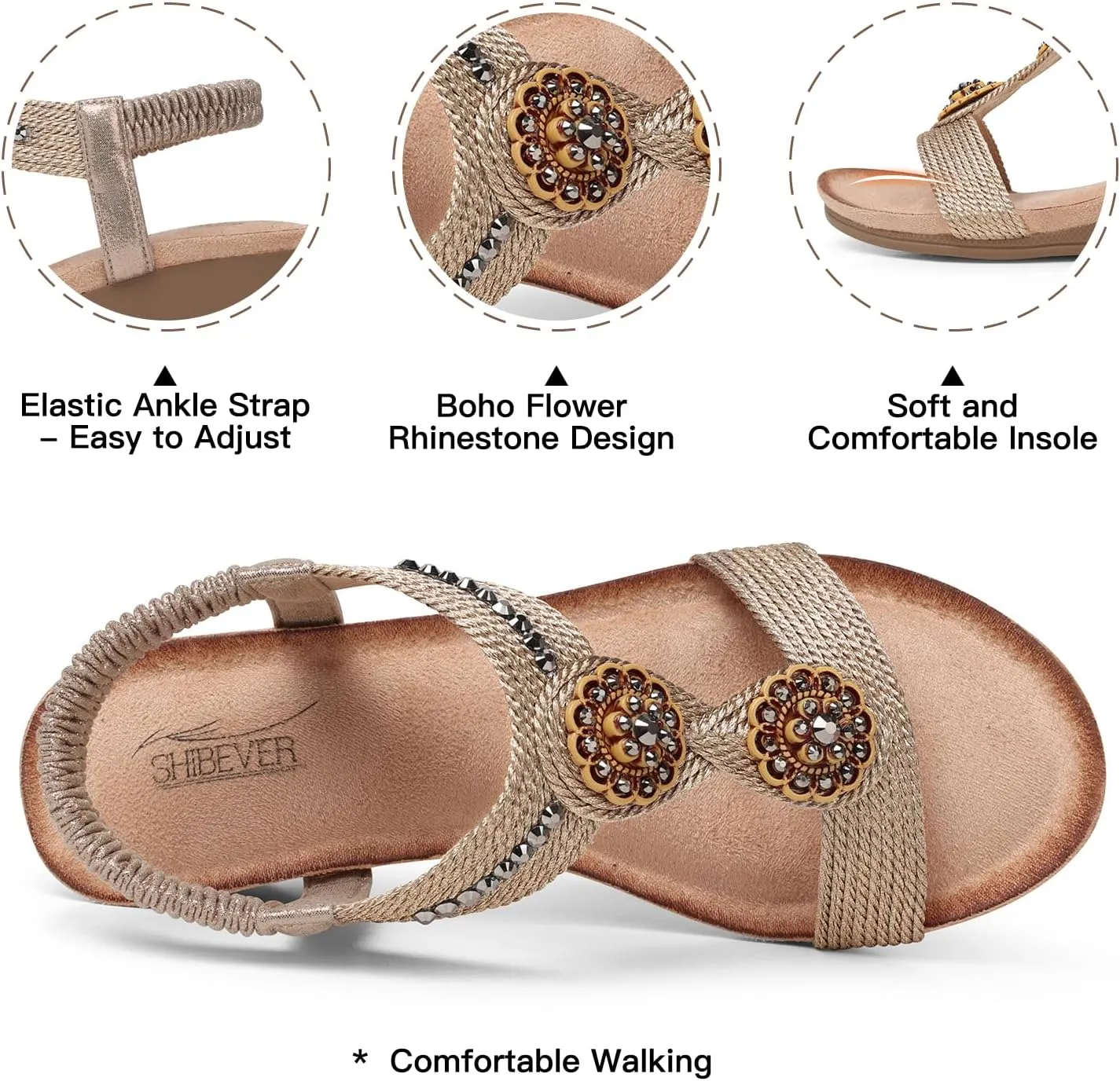 SHIBEVER Womens Wedge Sandals Flower Low Heel Dressy Sandals Elastic Ankle Strap Rhinestone Summer Comfortable Shoe