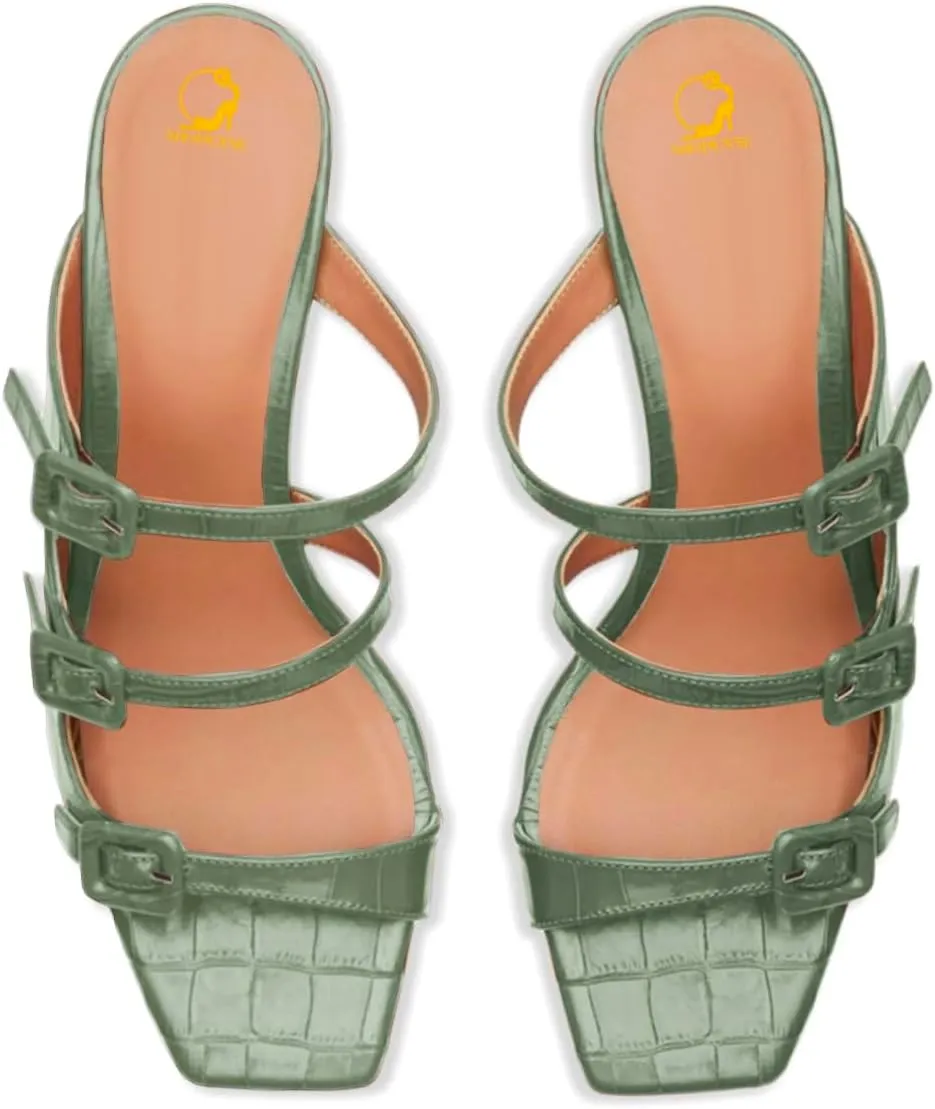SHODENSE Women Kitten Heels Mules Square Open Toe Sandals Suede 2 Inch Mid Heels Slippers Buckle Strappy Patent Crocodile Mule Clogs Peep Toe Slip-Ons Comfortable Slides Shoes Dressy Fashion 4-11 M US