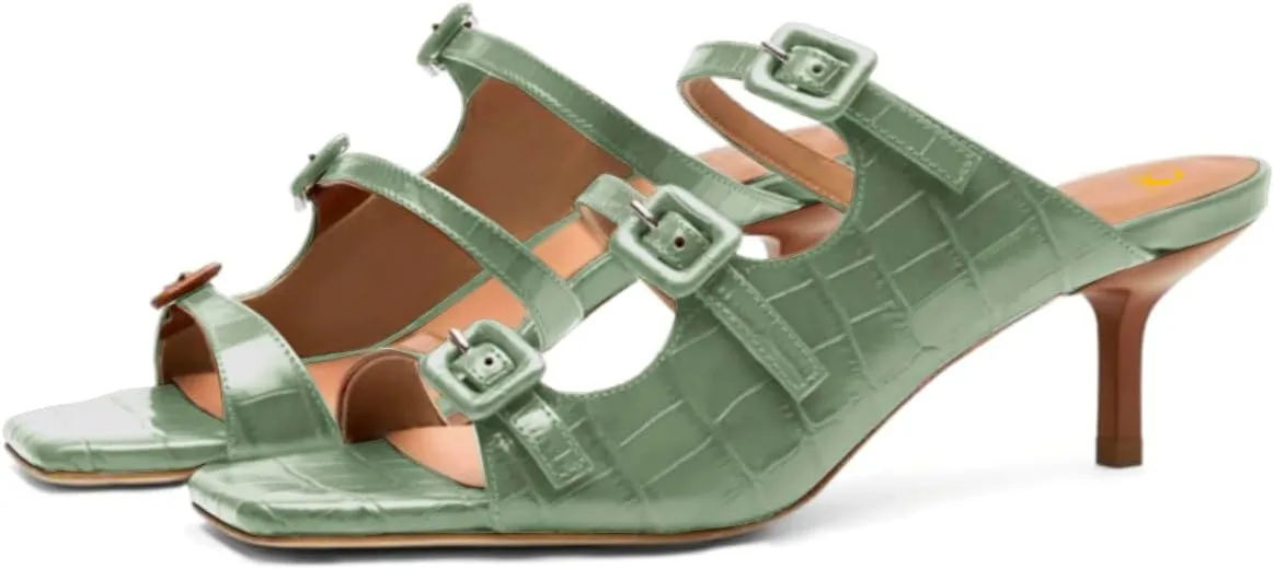 SHODENSE Women Kitten Heels Mules Square Open Toe Sandals Suede 2 Inch Mid Heels Slippers Buckle Strappy Patent Crocodile Mule Clogs Peep Toe Slip-Ons Comfortable Slides Shoes Dressy Fashion 4-11 M US