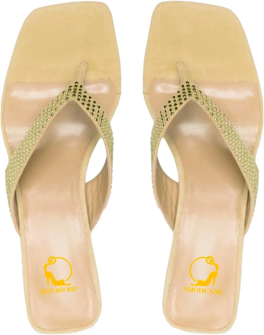 SHODENSE Women Rhinestone Flip Flops Mules Sandals Suede Chunky Kitten Heel Square Toe Thong Sandals Slip On T-Strap Glitter Sandal Shoes 2" Heels Slide Slipper Summer Beach Dressy Comfort 4-11 M US