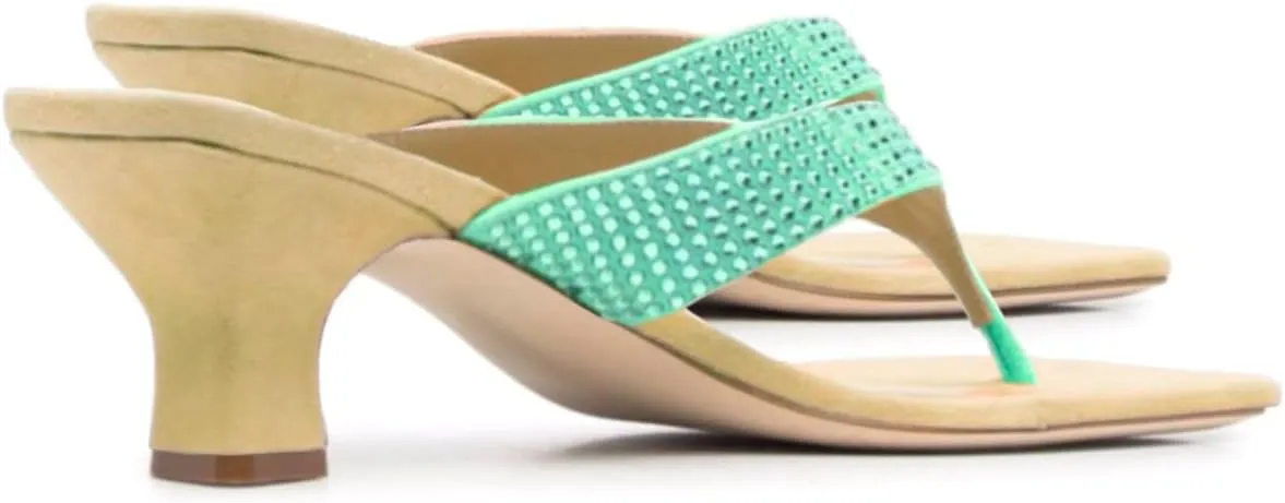 SHODENSE Women Rhinestone Flip Flops Mules Sandals Suede Chunky Kitten Heel Square Toe Thong Sandals Slip On T-Strap Glitter Sandal Shoes 2" Heels Slide Slipper Summer Beach Dressy Comfort 4-11 M US