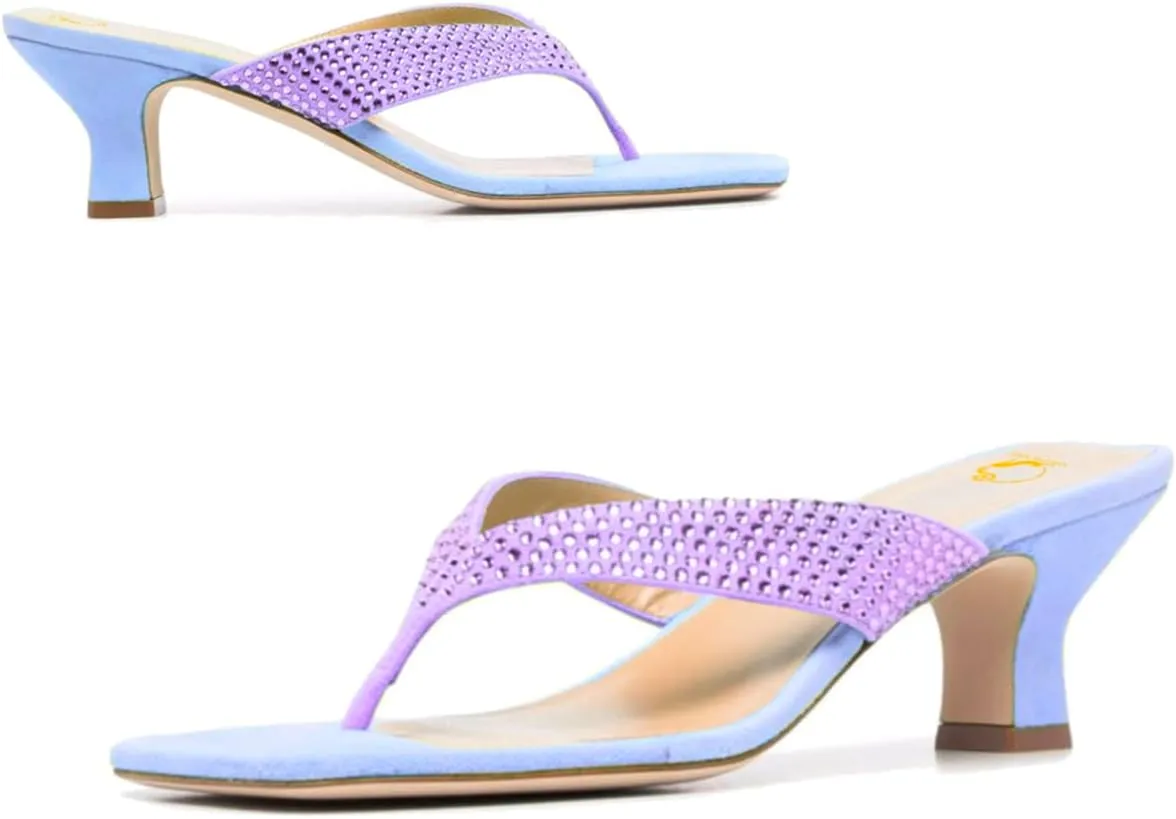 SHODENSE Women Rhinestone Flip Flops Mules Sandals Suede Chunky Kitten Heel Square Toe Thong Sandals Slip On T-Strap Glitter Sandal Shoes 2" Heels Slide Slipper Summer Beach Dressy Comfort 4-11 M US