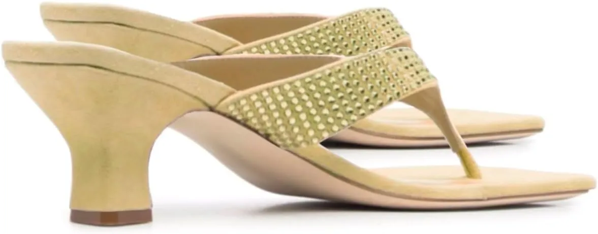 SHODENSE Women Rhinestone Flip Flops Mules Sandals Suede Chunky Kitten Heel Square Toe Thong Sandals Slip On T-Strap Glitter Sandal Shoes 2" Heels Slide Slipper Summer Beach Dressy Comfort 4-11 M US