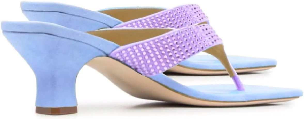 SHODENSE Women Rhinestone Flip Flops Mules Sandals Suede Chunky Kitten Heel Square Toe Thong Sandals Slip On T-Strap Glitter Sandal Shoes 2" Heels Slide Slipper Summer Beach Dressy Comfort 4-11 M US