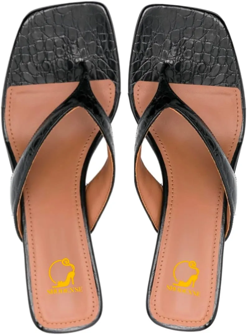 SHODENSE Women Rhinestone Flip Flops Mules Sandals Suede Chunky Kitten Heel Square Toe Thong Sandals Slip On T-Strap Glitter Sandal Shoes 2" Heels Slide Slipper Summer Beach Dressy Comfort 4-11 M US