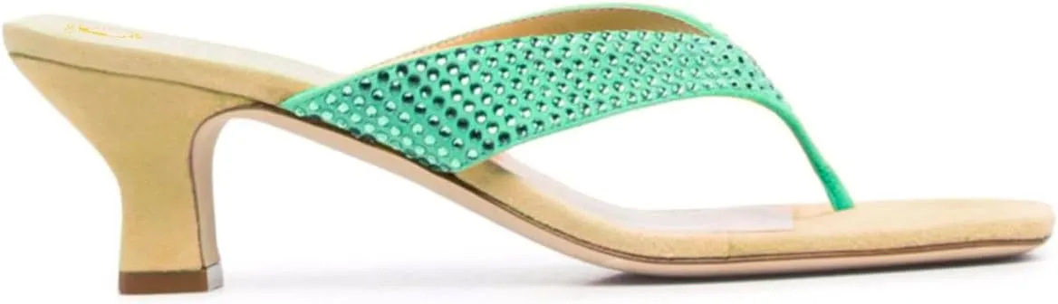 SHODENSE Women Rhinestone Flip Flops Mules Sandals Suede Chunky Kitten Heel Square Toe Thong Sandals Slip On T-Strap Glitter Sandal Shoes 2" Heels Slide Slipper Summer Beach Dressy Comfort 4-11 M US